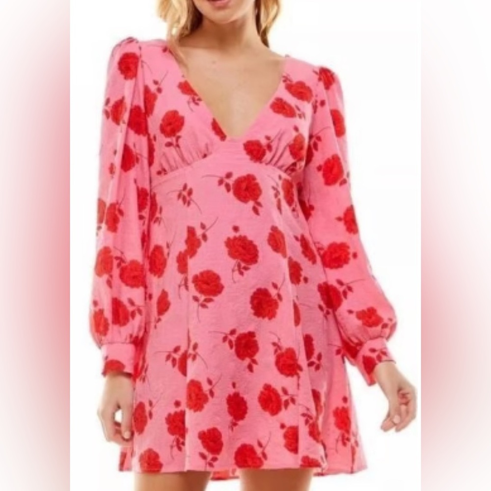 Crystal Doll Pink and Red Floral Long Sleeve Dress